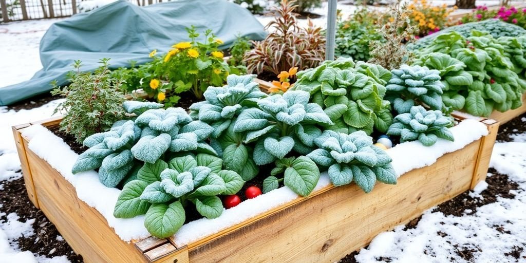 Bunte Wintergemüsegarten mit Hochbeet im Schnee.