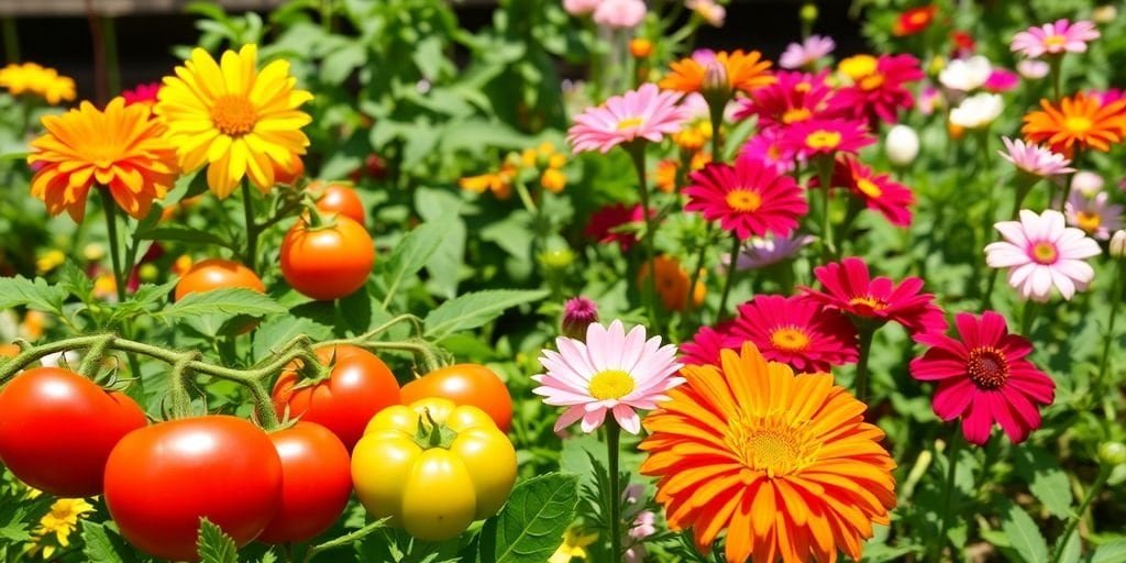 Bunte Gemüse und Blumen im Garten bei optimaler Wachstumszeit.
