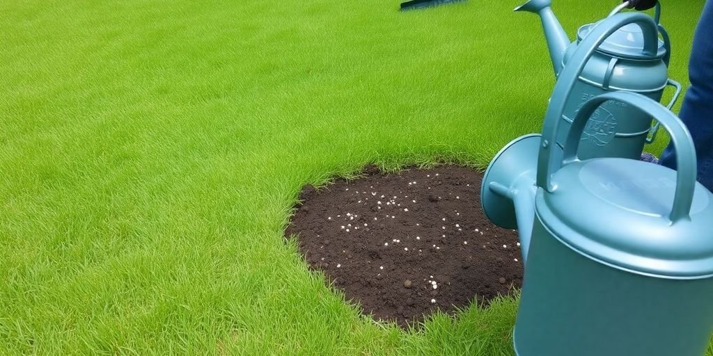 Frisch angelegter Rasen mit Gartenwerkzeugen im Vordergrund.