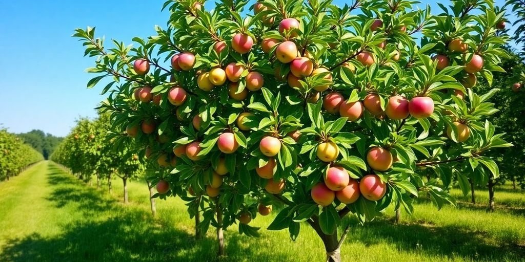 Apfelbaum mit Äpfeln in einem sonnigen Garten.