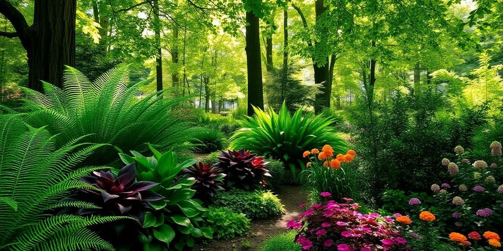 Schattengarten mit üppigen Pflanzen und sanften Lichtspielen.