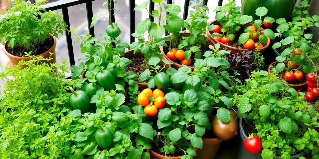 Balkongarten mit Gemüse und Kräutern in Töpfen.
