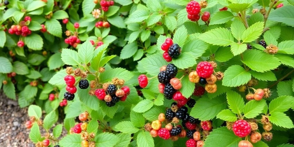Bunte Beerensträucher in einem gut gepflegten Garten.
