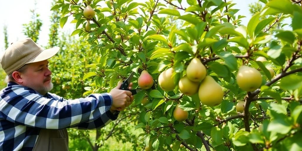 Gärtner schneidet Obstbäume mit frischen Blättern und Früchten.