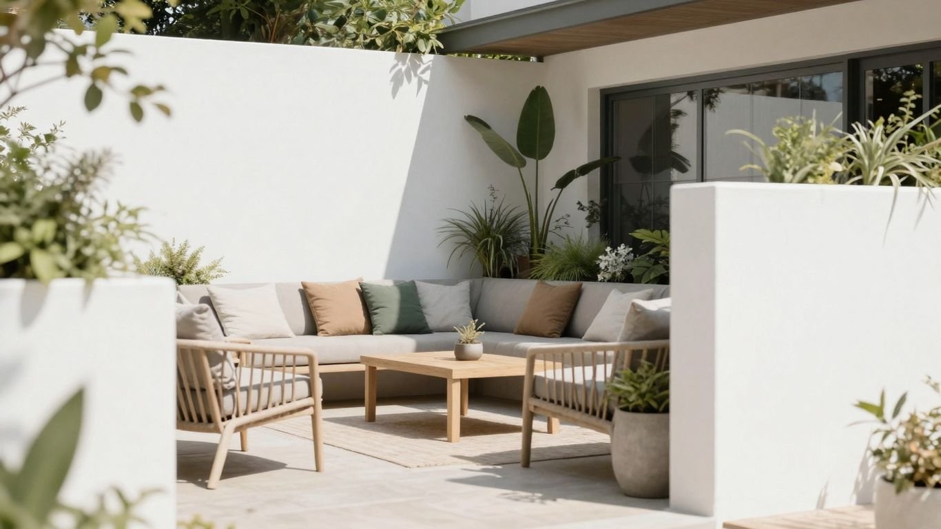 Helles Wintergarten mit komfortabler Terrassenmöblierung und viel Pflanzen, optimal für Balkon oder Garten.