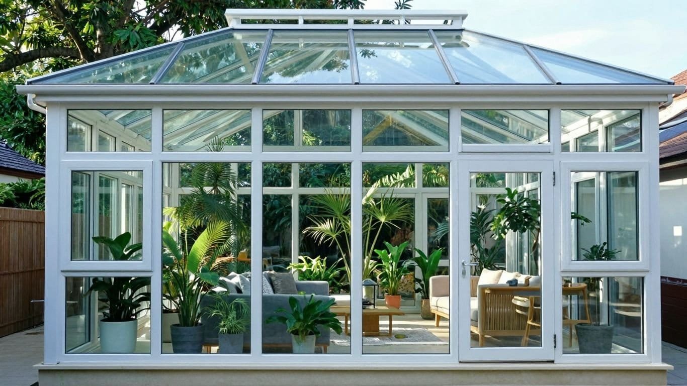 Hochwertiger Wintergarten aus Glas mit viel Tageslicht, perfekt für Ihr Wohnzimmer.