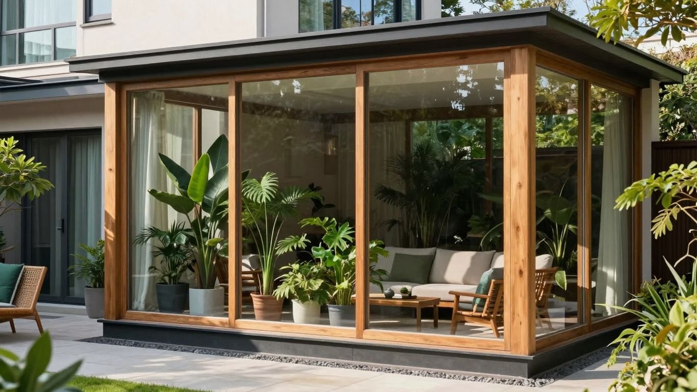 Moderner Wintergarten mit Glasfront und Pflanzen