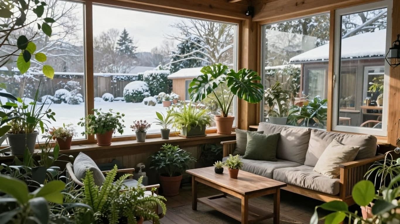 Gemütlicher Wintergarten mit viel Natur und Blick auf verschneite Landschaft.