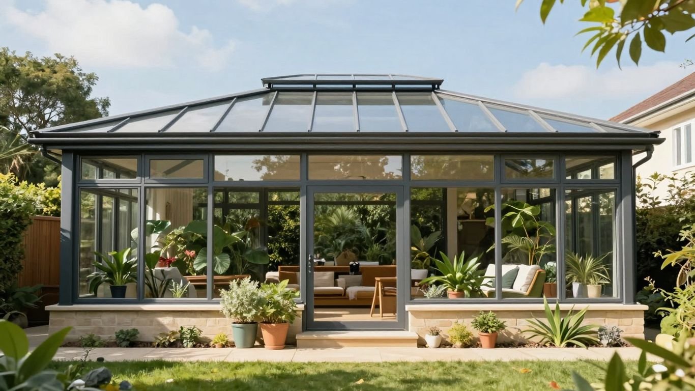 Moderner Wintergarten an einem Haus mit Pflanzen