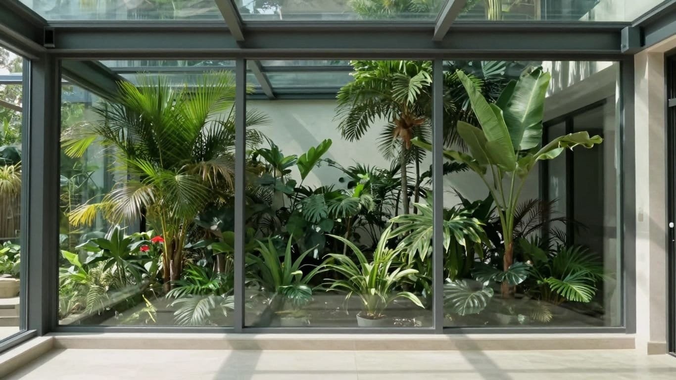 Großer Wintergarten mit Glaswänden und üppiger tropischer Pflanzenvielfalt, ideal für natürliche Raumgestaltung.