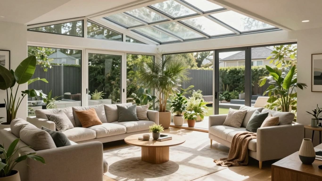 Helle, moderne Wintergarten mit viel Tageslicht und Pflanzen, perfekte Erweiterung für mehr Wohnkomfort.